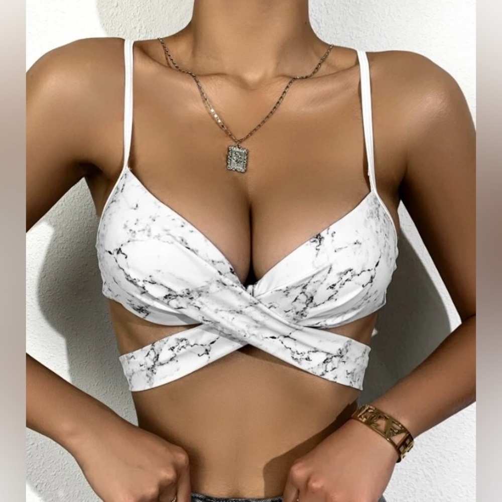 Marble Push Up Twist Crisscross Tie Bikini Top
